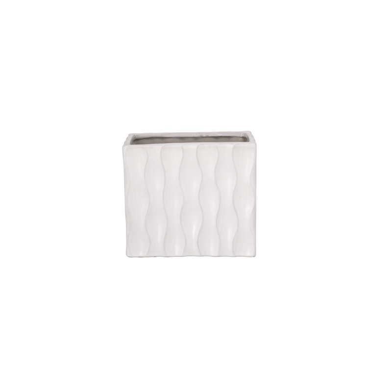 Ceramic Rectangle Vase with Geometric Column Wave Pattern SM Matte Finish White..9.00"x4.75"x8.00"H