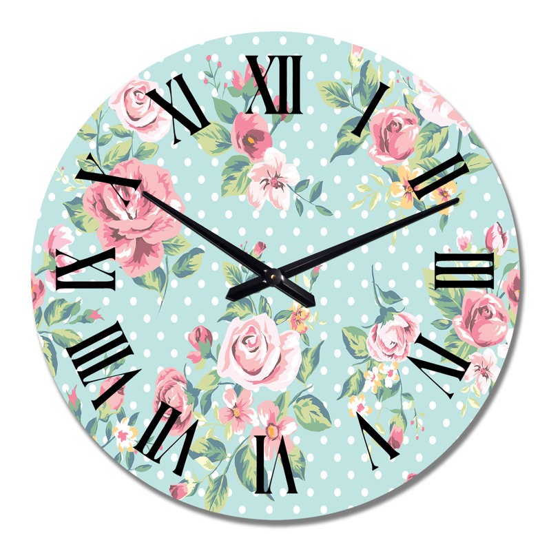 Horloge murale rétro à motif de roses roses sur fond bleu clair, Surdimensionné