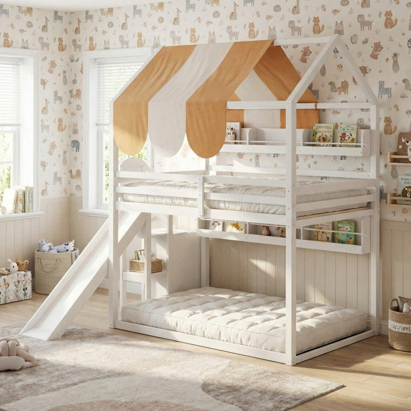 Lit superposé double au-dessus de double en bois massif, lit double pleine grandeur avec auvent, glissoire et bibliothèque intégrée pour la chambre à coucher