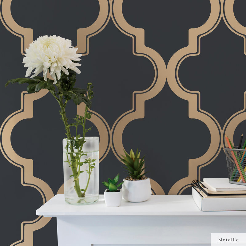 Oliveira 16.5' L x 20.5" W Peel and Stick Wallpaper Roll, Midnight & Metallic Gold