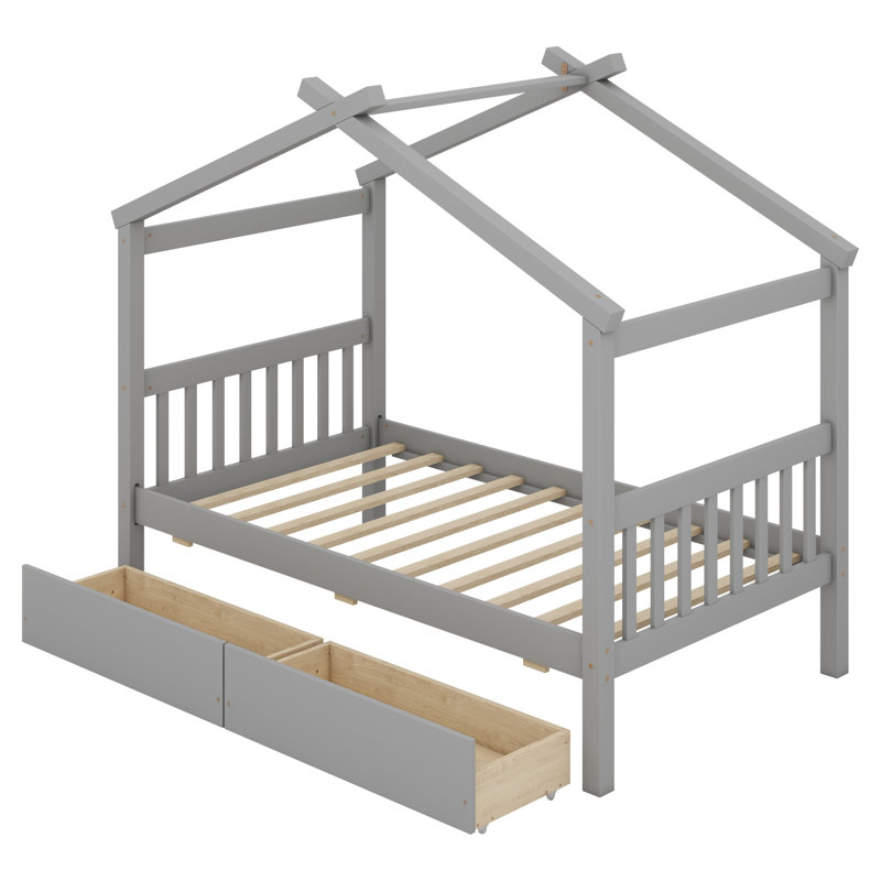 Lit en bois avec tiroirs, Gris