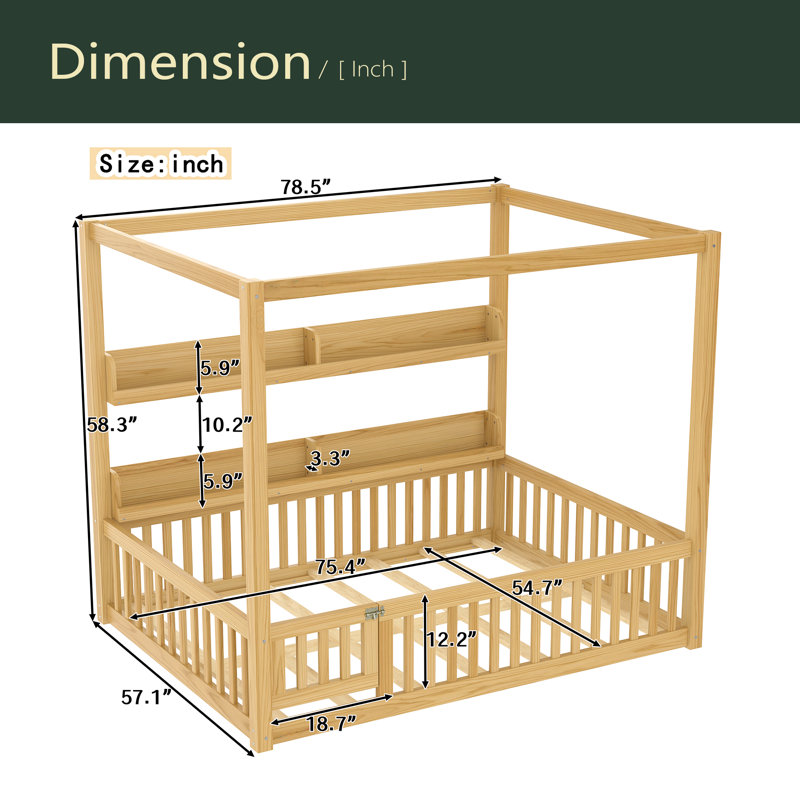 Lit à baldaquin avec garde-corps, lit en bois massif avec tablettes, cadre de lit Montessori pour enfants, garçons, filles, sans sommier