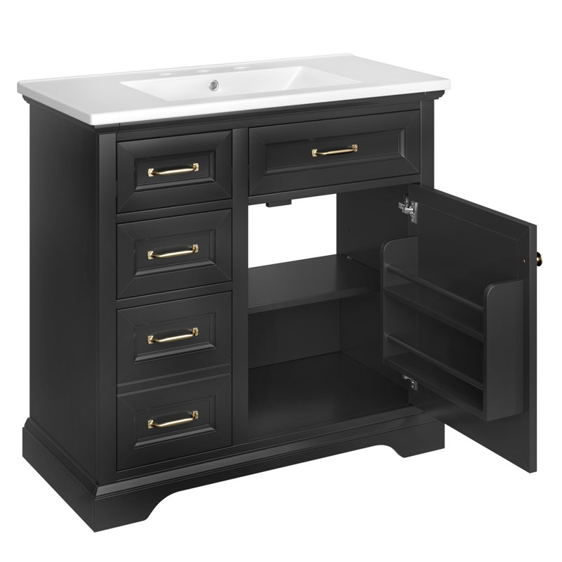Meuble-lavabo autoportant de 36 po avec comptoir en céramique avec 4 tiroirs, porte à fermeture en douceur et trous de robinet pré-percés de 8 po (noir)