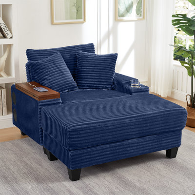 Corduroy Chaise Lounge Sofa with Ottoman, Single Sofa Chair Bed with Storage Amrest, Cup Holder, Bluetooth Speaker, USB Ports, 180°Rotating Table Board, For Living Room, Bedroom and Apartment