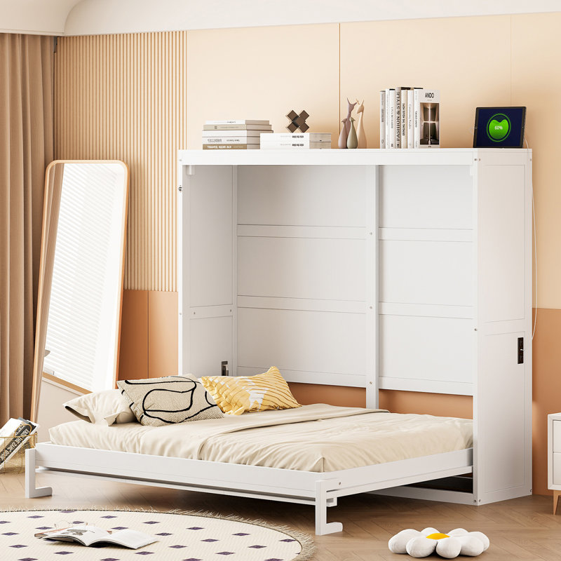 Lit escamotable double pleine grandeur, blanc, Lit double, Blanc