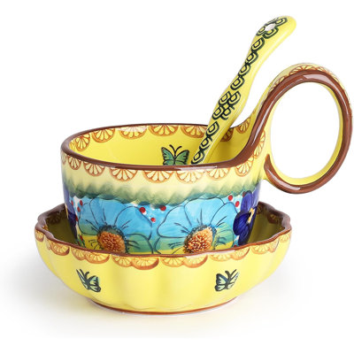 Hand Painted Ceramic Soup Bowl Set with Loop Handle, Plate & Spoon