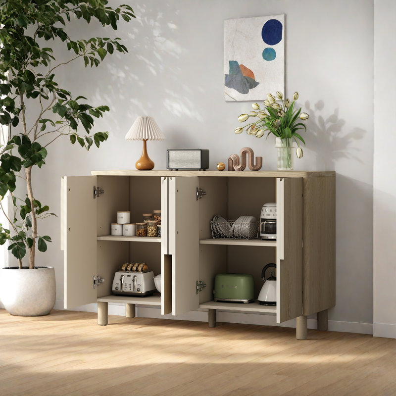 Buffet à 4 portes avec rangement, buffet en bois avec poignées arquées uniques et tablettes réglables pour la salle à manger, la cuisine et le salon