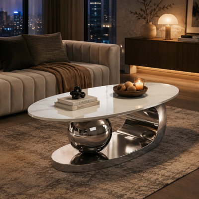 Table basse ovale de 125,4 cm (49,35 pouces) avec plateau en pierre frittée imitation marbre et piètement en acier inoxydable
