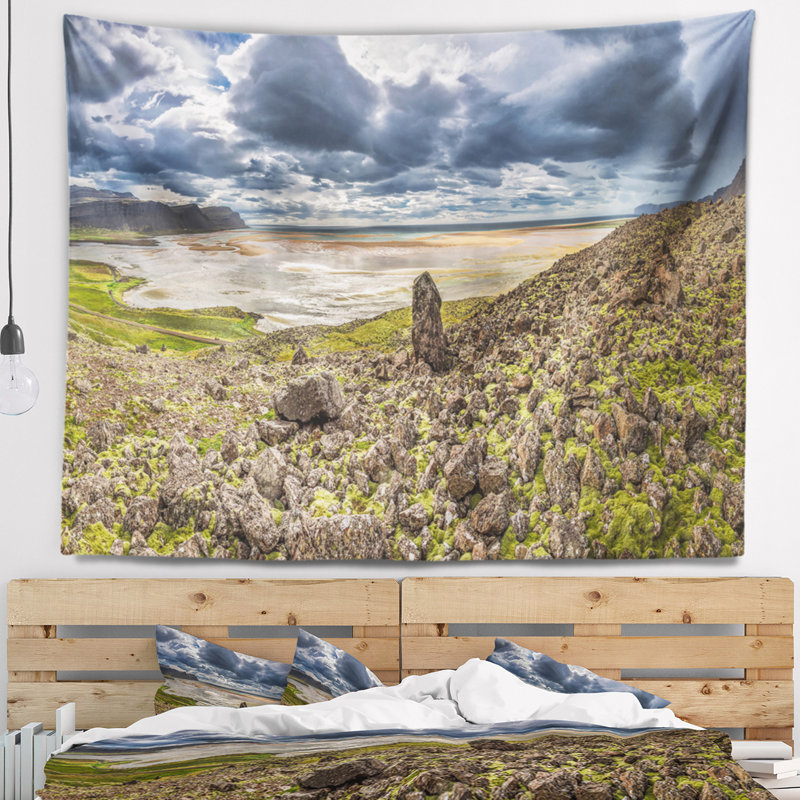 Tapisserie de panorama à l’islande rocky littoral Landscape, H 32 po x l 39 po