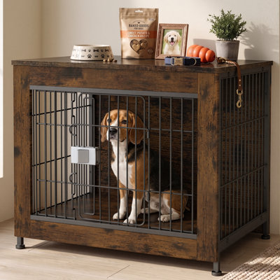 YOKWOK Meuble pour cage en bois pour chien de 27 pouces, chenil robuste avec serrure sécurisée et double porte, cage intérieure robuste en métal pour animaux de compagnie, niche à mâcher pour petits chiens, brun rustique