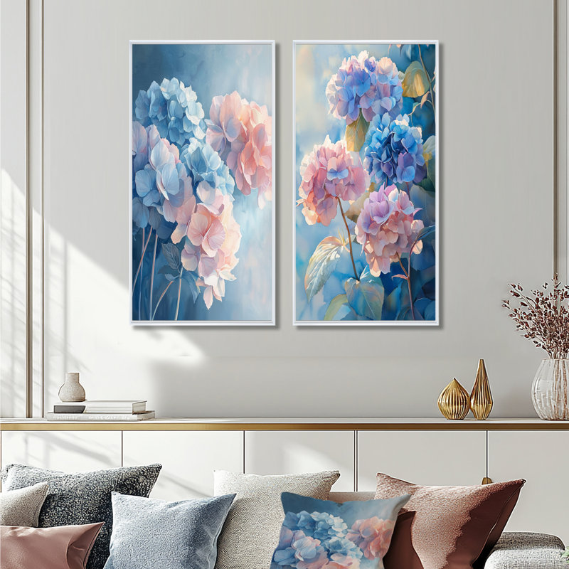 Hortensias dans la lumière du matin I - Collection d'art mural floral 2 pièces, 32" H x 33" W, White Floater Framed