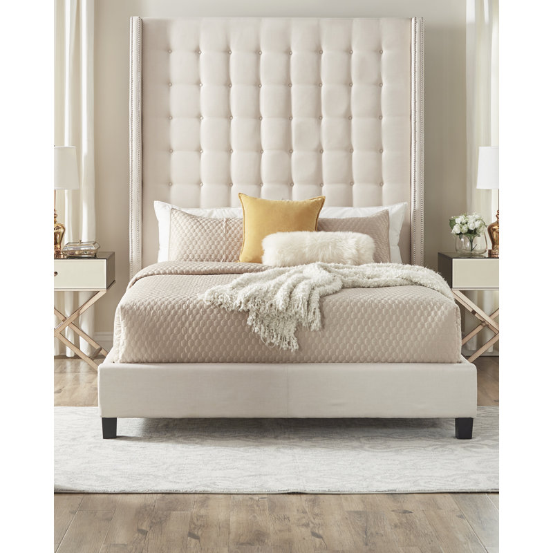 Kaster Upholstered Wingback Bed, Queen, White Linen