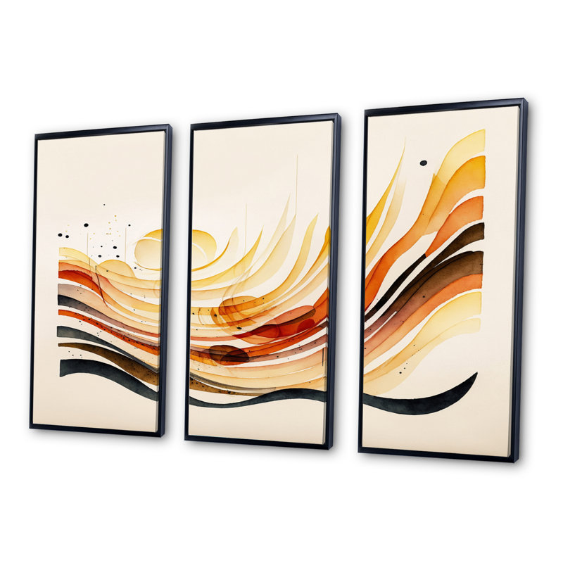 «Burnt Orange Waves Abstract IV», ensemble d'art mural moderne sur toile, H 32 po x l 48 po x P 1 po, Cadre noir