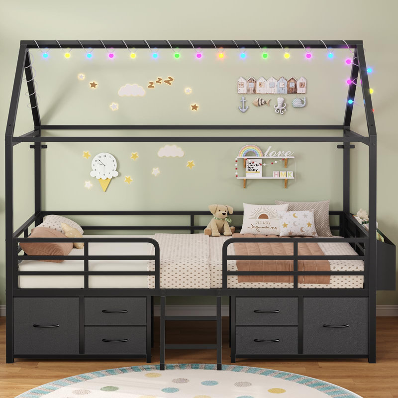 Twin Size Bed Frame With 6 Drawers,House Shape Bed With Globe String Lights-Plug In,Metal Bed Low Loft Bed With Safety Guardrail,Inclined Ladder,No Box Sping Needed,Space Saving For Bedroom
