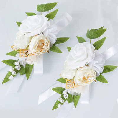 2pcs Wedding Shoulder Corsage Artificial Flowers, Women Homecoming/ Prom Corsages Wristlet Decor Etc, White
