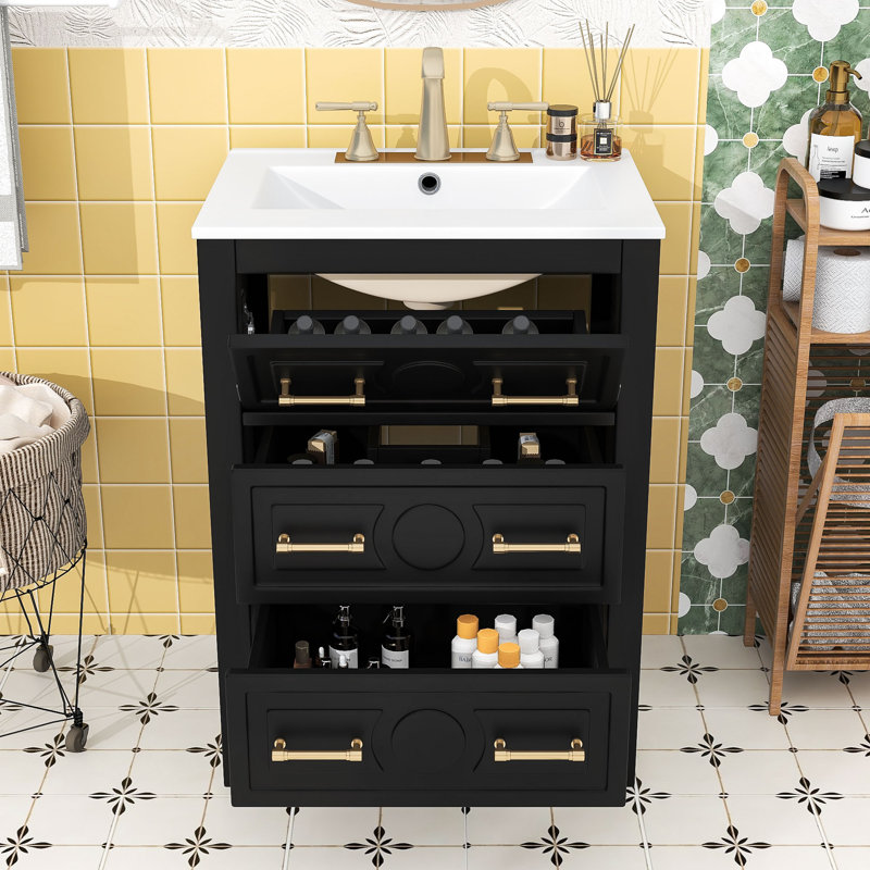 Élégant meuble-lavabo en bois avec tiroirs et lavabo, Noir