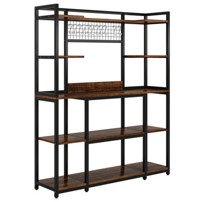 Large 55" Baker's Rack with Hutch – 5-Tier Industrial Kitchen Storage Shelf with Hooks & Microwave Stand, Rustic Brown Kitchen Hutch Cabinet Organizer with Metal Frame, Utility Pantry Rack