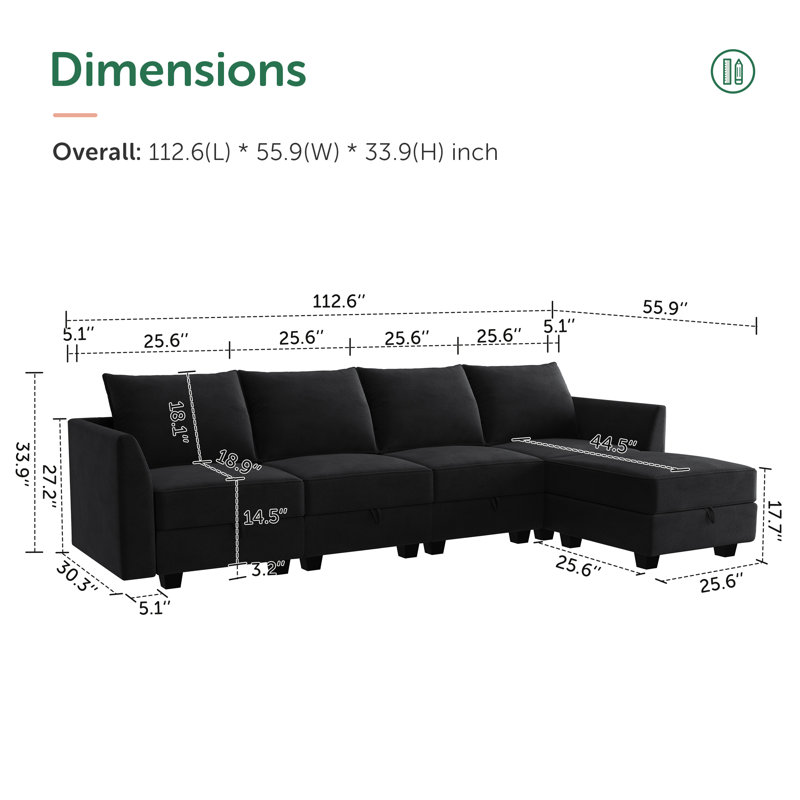 Sabira L Shaped Modular Sectional Couch, Black Velvet
