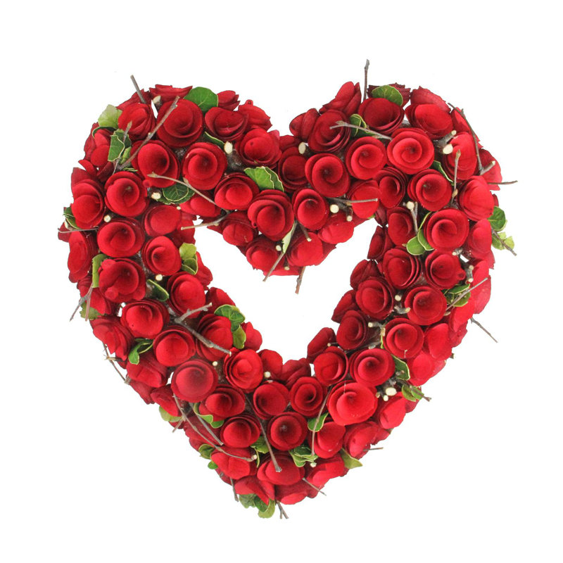 Couronne de la Saint-Valentin en forme de cœur rose en bois rouge 14 pouces