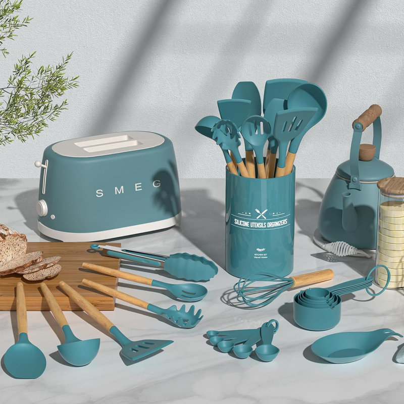 23 PCS Silicone Cooking Utensil Set, Non-Stick Kitchen Utensils Set Wooden Handle, Heat Resistant, Blue