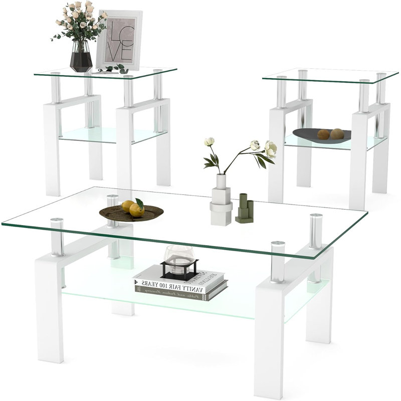 Ensemble de 3 tables basses de salon, ensemble de 3 tables basses rectangulaires modernes en verre trempé (3, blanc), Clair
