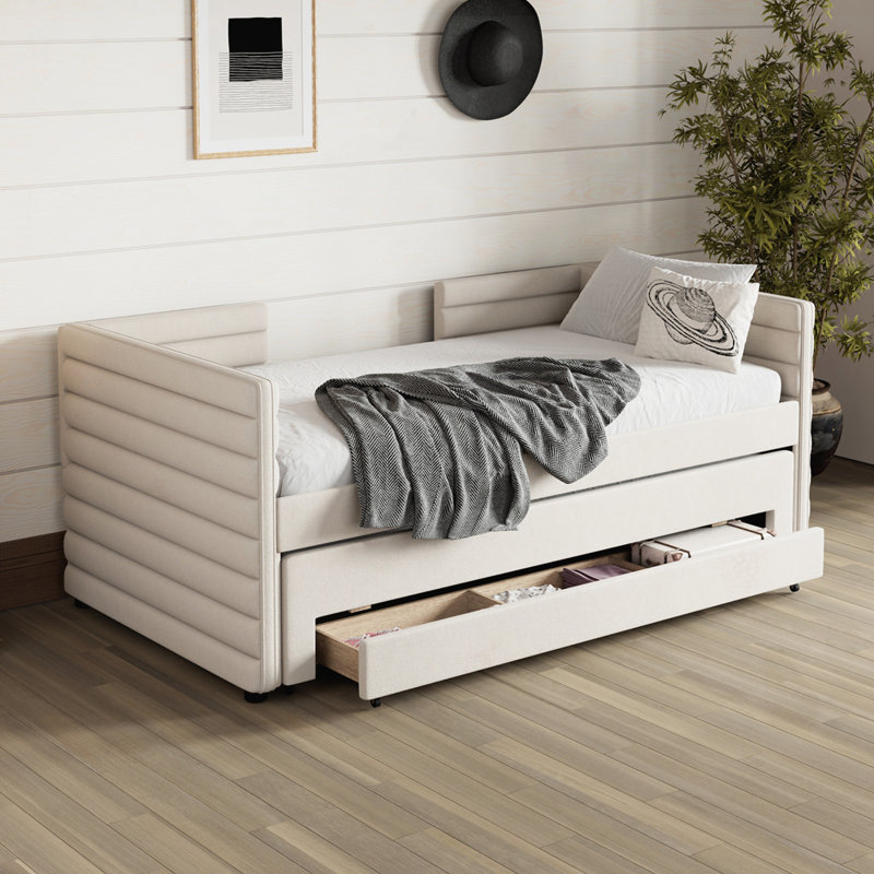 Upholstered Daybed with Trundle and Drawers, Beige