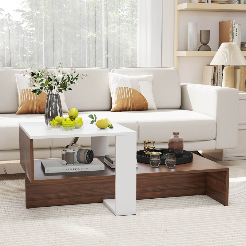 Table basse géométrique à 2 niveaux avec tablettes de rangement Home Modern