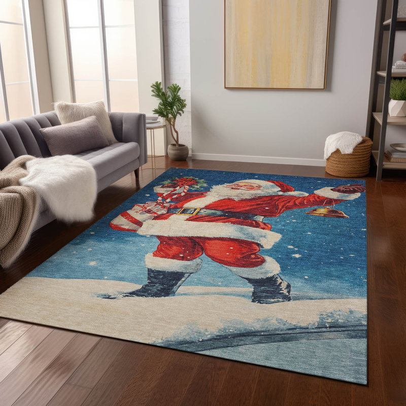 Tapis bleu père Noël Xhevrie intérieur / extérieur lavable à la machine, Rectangle 9 pi x 12 pi