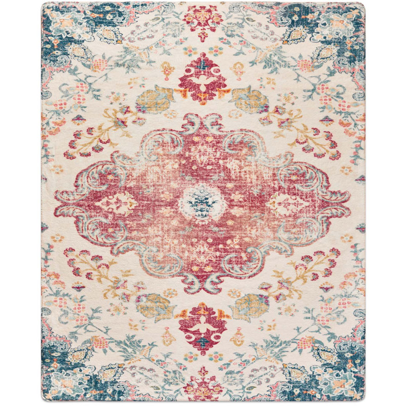 Tapis rectangulaire en laine avec envers antidérapant Juanelle, Rectangle 8 pi x 10 pi, Rubis et turquoise