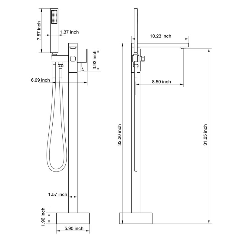 Floor Mounted Tub Filler With Brushed Nickel Finish, Lead - Brass, Smooth Dual Temperature Handles, 360° + 90° Spout Movement, Splash Proof Faucet Handheld Shower, Solid Brass Construction, Ceramic
