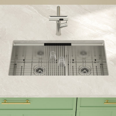 36'' L X 19'' W Undermount Stainless Steel Workstation Kitchen Sink with Mixing Bowl, Cutting Board and Colander, 60/40 Double Bowl Low-divider Kitchen Sink with Sink Grid, Strainer and Roll-up Rack