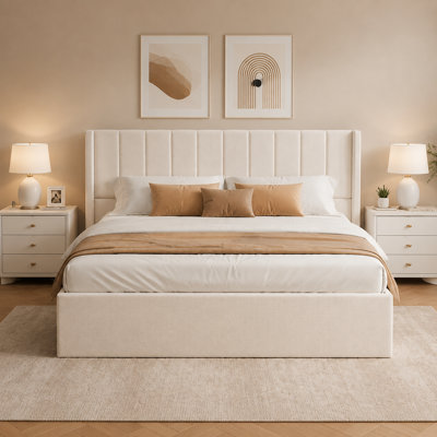 Grand lit avec rangement à 4 tiroirs, cadre de lit plateforme tapissier avec tête de lit capitonnée, rangement pour grande chambre, aucun sommier requis, beige