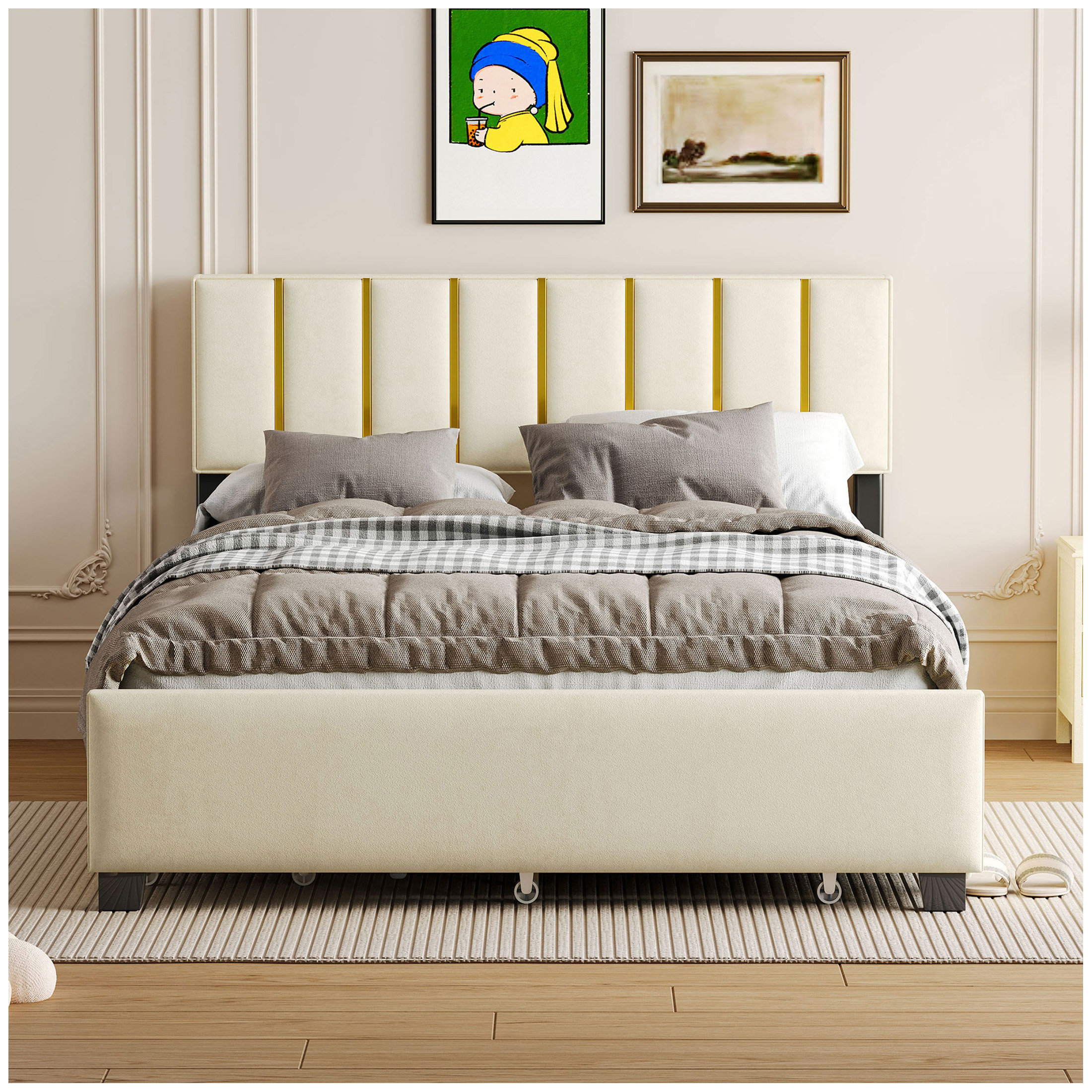 Ebern Designs Queen Size Upholstered Platform Bed with 2 Drawers and 1 ...