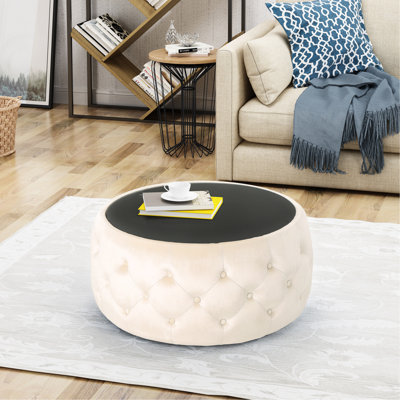 Moderne en velours beige doux avec coutures à boutons et couvercle en verre trempé, l 29,38 po x P 29,38 po, H 14,71 po, dessus capitonné, meubles, 30 po x 30 po x 14,5 po