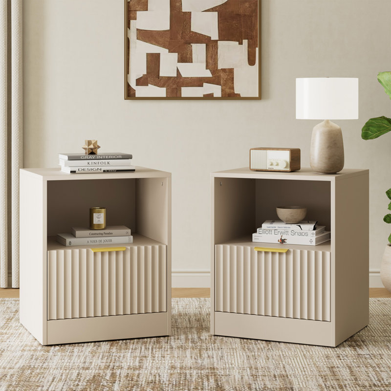 Table de chevet cannelée avec tiroir, table de chevet avec tablette ouverte, Beige, 1