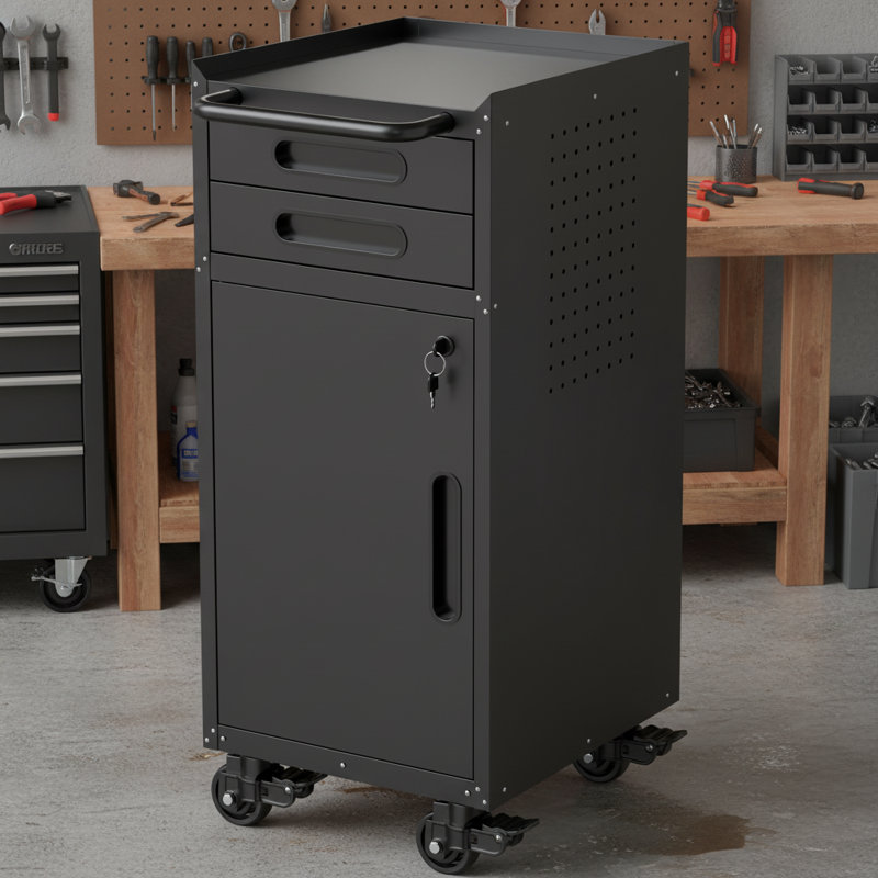 Lightweight And Narrow Tool Storage Cabinet, Made Of Sturdy And Durable Metal, With A Double Cabinet And Drawer Combination, Perfect For Garage And Studio Storage.