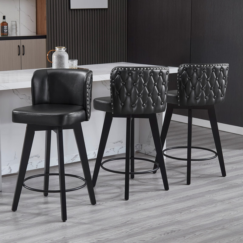 27.5in Swivel Bar Stools Set of 3, Black PU Leather Seat with Tufted Back, Solid Wood Legs, Counter Height Bar Chairs for Kitchen Island, Dining, Café (Set of 3)