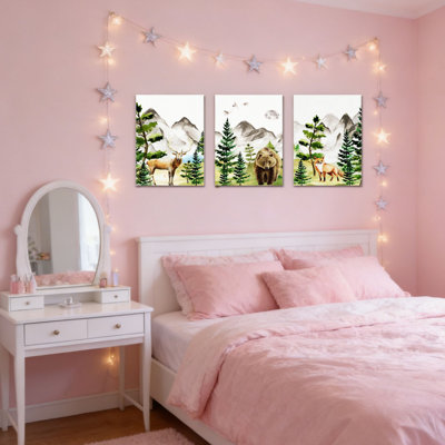 Art mural forêt forêt chambre d'enfant, décoration murale de montagne toile verte, impressions de renard ours cerf pour chambre à coucher de bébé, salon, 3 pièces 24 L x 16 l