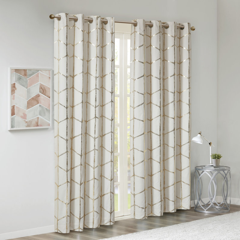 Ivory and Gold Geometric Blackout Grommet Curtains, 50"x84" Set of 2