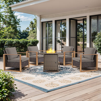 Aldiana 4-Person Outdoor Wicker Armchairs And Patio Square Fire Pit Table With Cushions