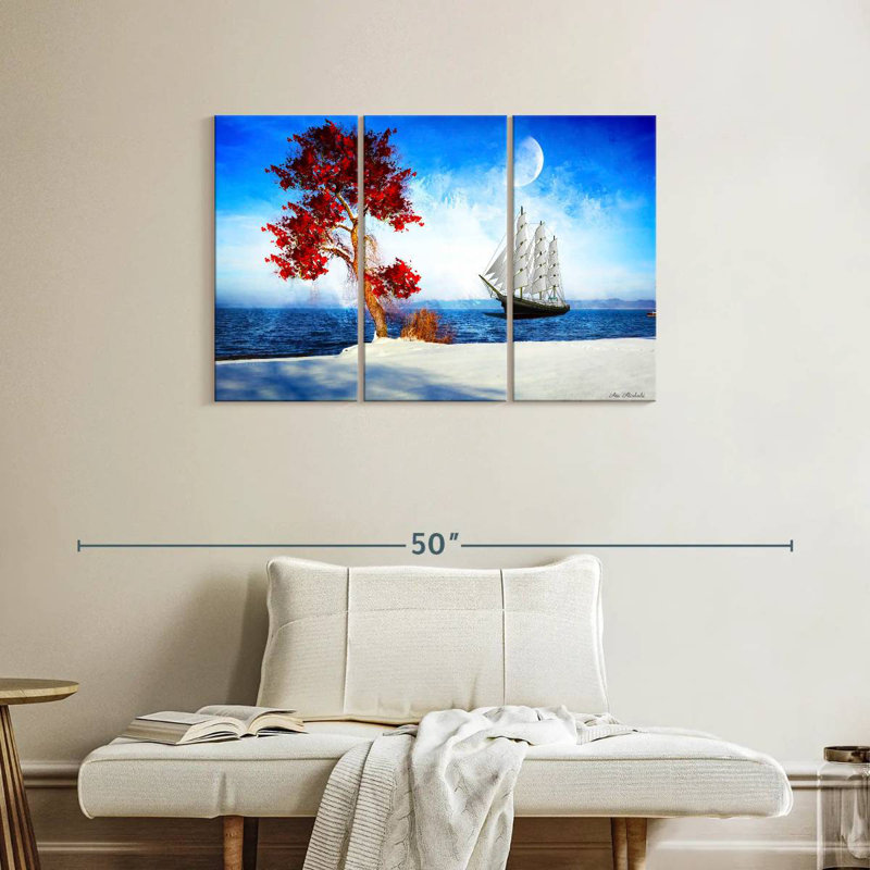 Arbre rouge Mehar et bateau, H 24 po x l 38 po
