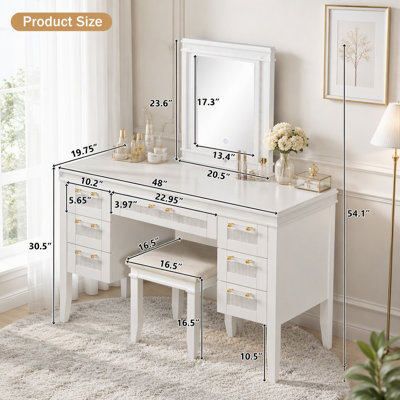 48" Vanity Desk with Mirror & Lights, 7 Drawers & Cushioned Stool