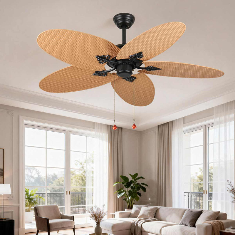 52 Inch Tropical Ceiling Fan With 5 Palm Leaf Blades No Light Fan, Light Brown
