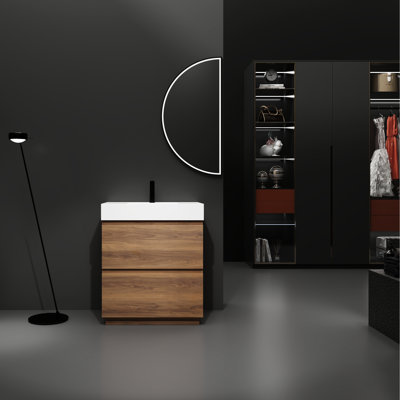 Meuble-lavabo de 30 po avec lavabo simple. Armoire autoportante moderne à 2 tiroirs. Bois d'ingénierie, brun. Armoire encastrée à deux tiroirs Sparkling Element. Ajout autoportant et attrayant