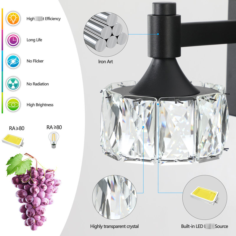 Modern Bathroom Lighting, Matte Black With 5 Lights Crystal Glass Shade Led Vanity , 5- For, 5 Lights