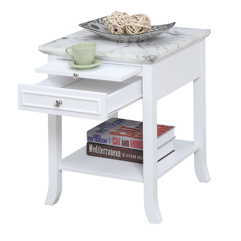Table de bout avec rangement Carbin, Faux marbre blanc / blanc