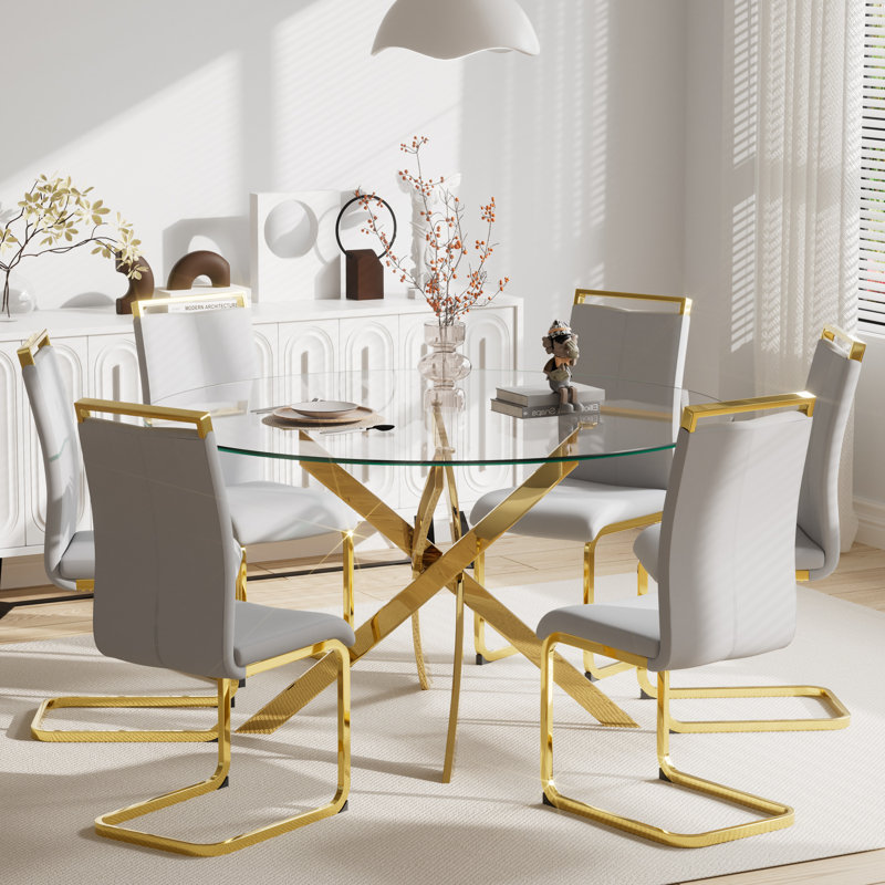 Ensemble de table de salle à manger 7 pièces, table ronde en verre trempé de 47 pouces et 6 chaises de salle à manger rembourrées.