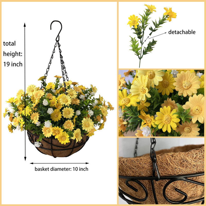 Fleurs artificielles suspendues dans un panier, Jaune