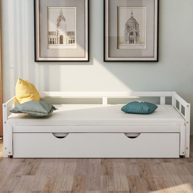 Lit de jour extensible avec couchette, lit de jour en bois avec couchette, Blanc