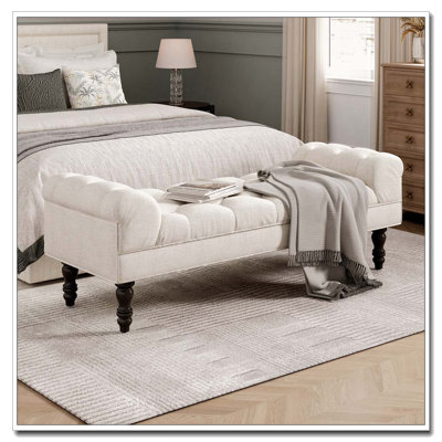 Button-Tufted End of Bed Bench,Large Upholstered Ottoman,Foot Rest with Legs,Footstool with Rolled Arms,Upholstered Fabric Bench,Indoor Bench for Bedroom,Living Room,Entryway